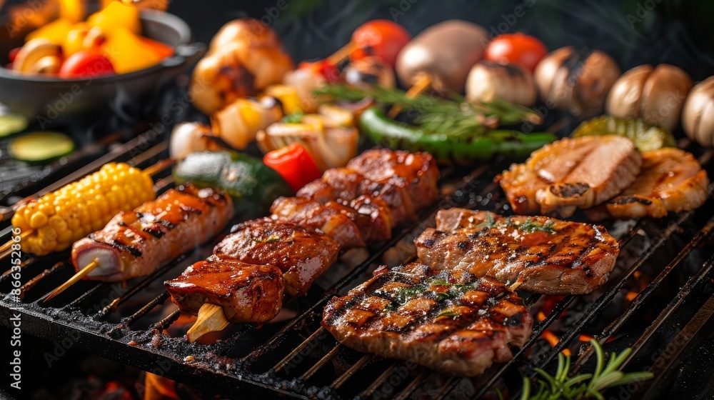 Close up of grilling meat and vegetables on the barbecue grill. Delicious grilled food with smoke coming from the barbecue. Close up of grilling meat and vegetables on the barbecue grill. Delicious grilled food with smoke coming from the barbecue.