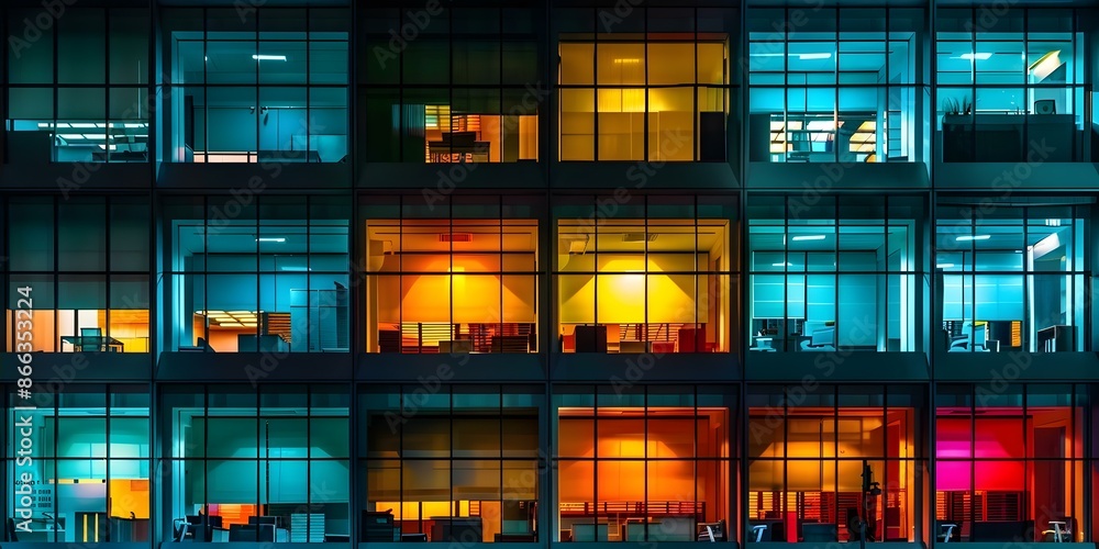 Office building windows illuminated at night symbolizing long working hours. Concept Late Nights, City Lights, Work Life Balance, Urban Landscapes, Nighttime Reflections Office building windows illuminated at night symbolizing long working hours. Concept Late Nights, City Lights, Work Life Balance, Urban Landscapes, Nighttime Reflections