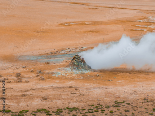 Beautiful aerial view of the Geysir valley in Iceland. Geothermal area in Haukadular valley, Iceland, with steaming hot springs, hot water streams photo