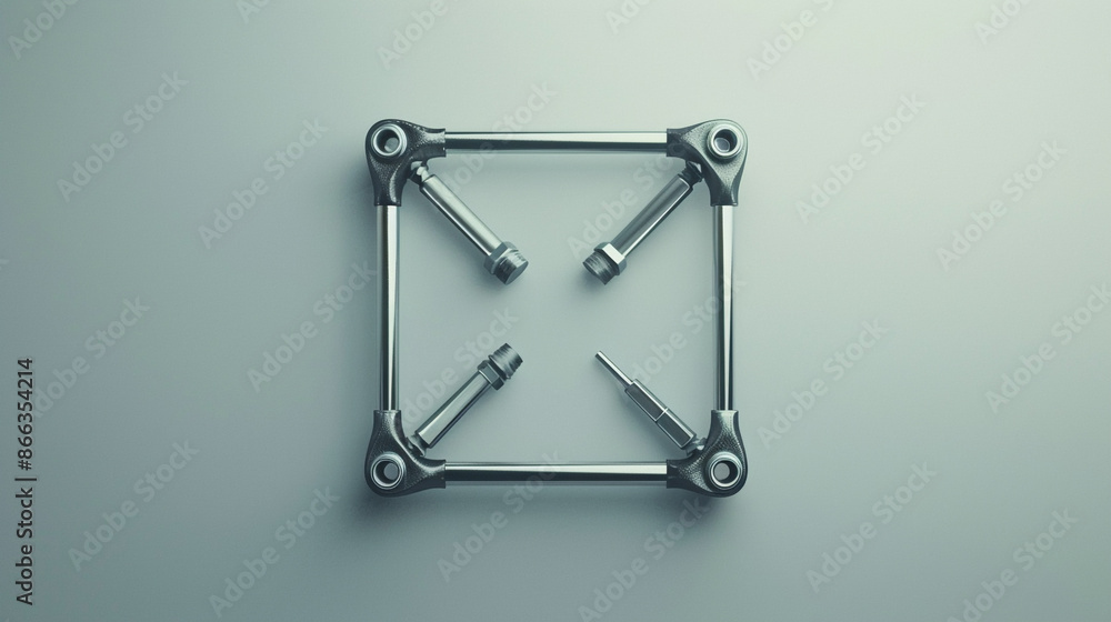 Minimalistic mechanical tools forming a perfect square on a light grey background. Minimalistic mechanical tools forming a perfect square on a light grey background.