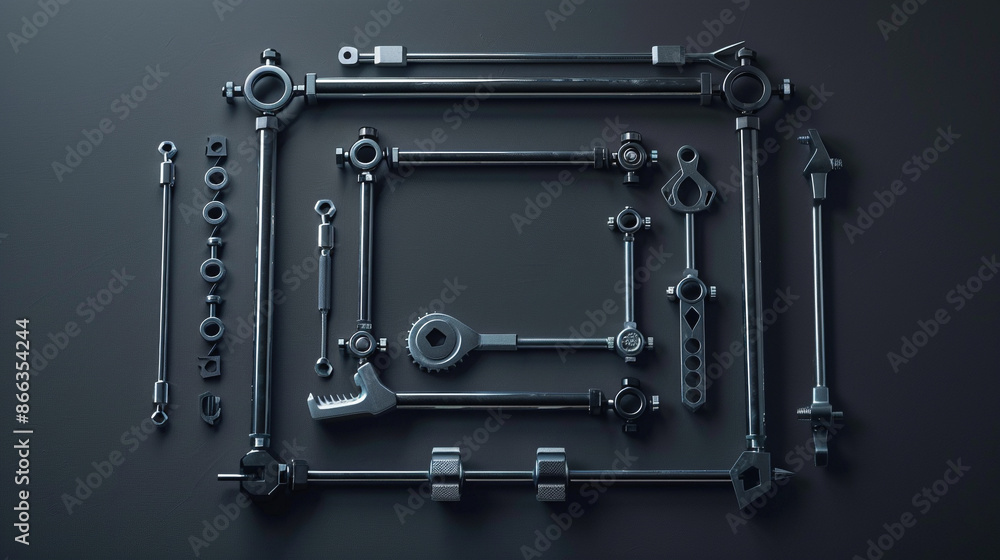 Obraz premium Minimalistic mechanical tools arranged in a perfect square on a dark grey backdrop.