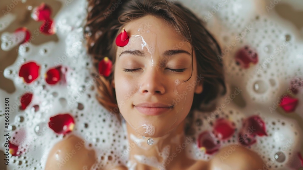 Beautiful girl takes a bath with foam and rose petals. Spa treatments for skin rejuvenation Beautiful girl takes a bath with foam and rose petals. Spa treatments for skin rejuvenation