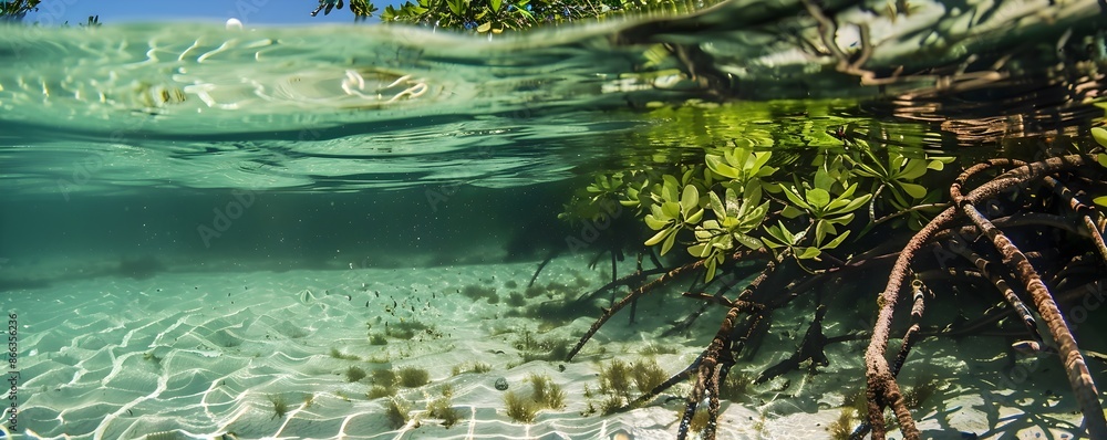 Naklejka premium Intricate Mangrove Roots Emerging from Crystalline Underwater Ecosystem