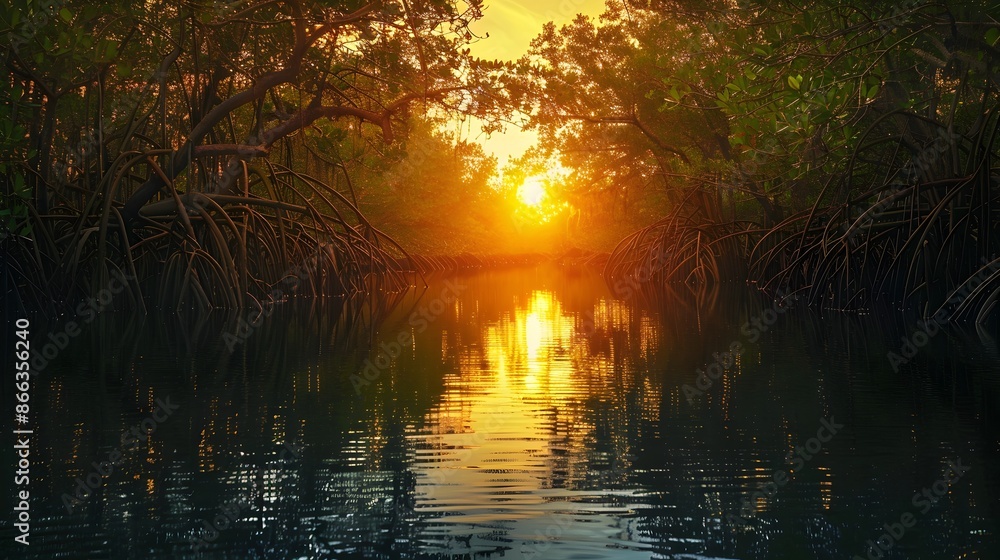 Breathtaking Sunset Over a Tranquil Mangrove Forest with Glowing Reflections on the Water Breathtaking Sunset Over a Tranquil Mangrove Forest with Glowing Reflections on the Water