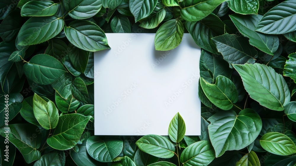 Blank white square mockup on green leaves background. Nature, plant, and greenery concept for branding, advertising, and design. Blank white square mockup on green leaves background. Nature, plant, and greenery concept for branding, advertising, and design.