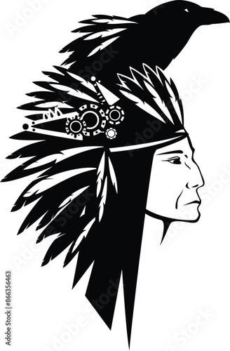 native american tribe chief shaman wearing feather headdress with raven bird spirit - black and white vector outline