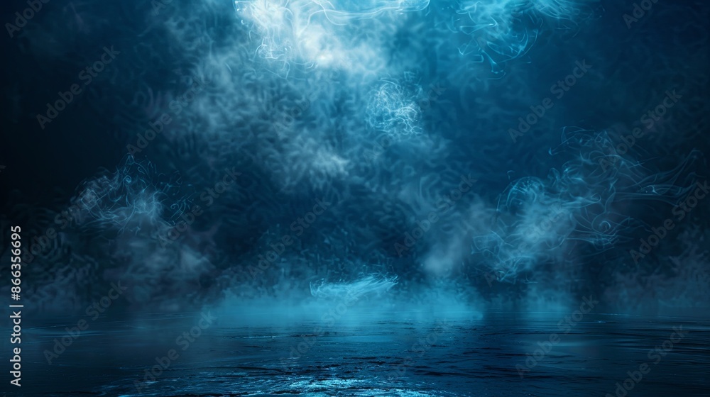 Abstract background of blue mist and smoke on dark night scene with spotlight Abstract background of blue mist and smoke on dark night scene with spotlight