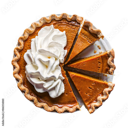 Traditional pumpkin pie for Thanksgiving dinner, topped with whipped cream, isolated on the white background photo