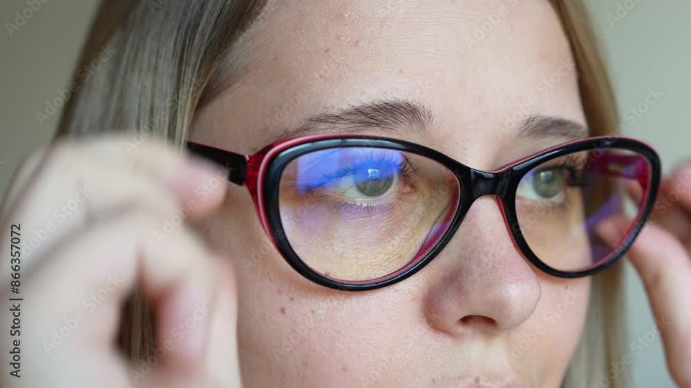 Young caucasian blonde woman wearing red and black female glasses for working at a computer with a blue filter lenses on a grey background. Anti blue light and rays. Eye protection Young caucasian blonde woman wearing red and black female glasses for working at a computer with a blue filter lenses on a grey background. Anti blue light and rays. Eye protection