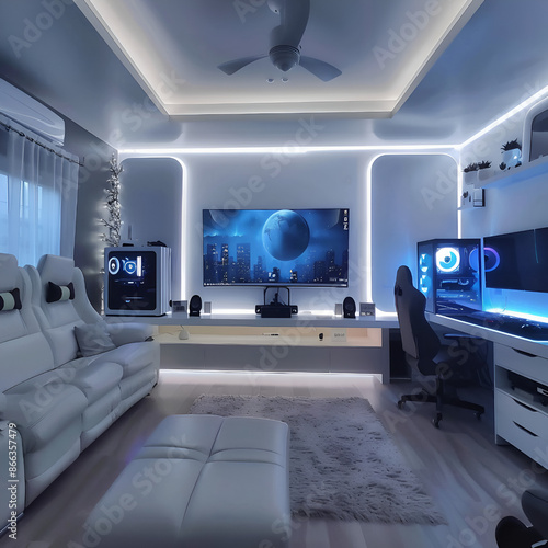 Home gaming room design ideas for gamers, home, apartment, design, interior, room, gaming room, games, computer, monitor, speakers, gaming chair, sofa, lamp, technology, modern, AI-generated. © PHAP