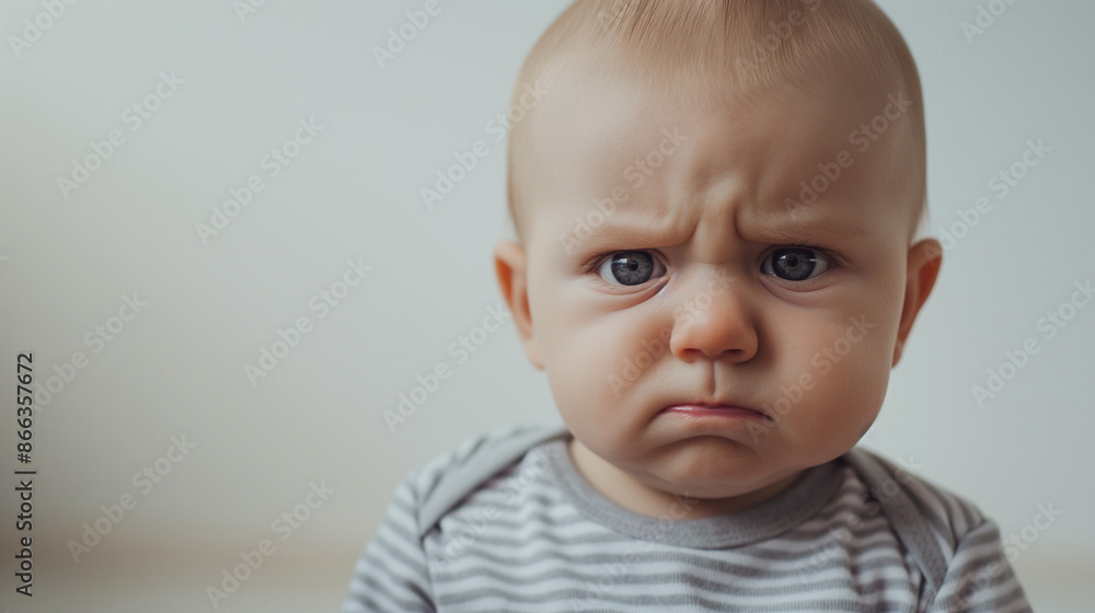 Close-up natural baby expressions with copy space, a close-up photo of a baby looking serious, with a minimalistic white or cream background Close-up natural baby expressions with copy space, a close-up photo of a baby looking serious, with a minimalistic white or cream background