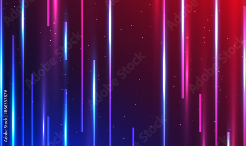 Abstract background with ascending colorful neon lines. Vertical neon lines with glowing trails. Blue and purple colorful ray stripes. Hi-tech sci-fi trendy tunnel. Technology, future. 3d. 4k. Vector.