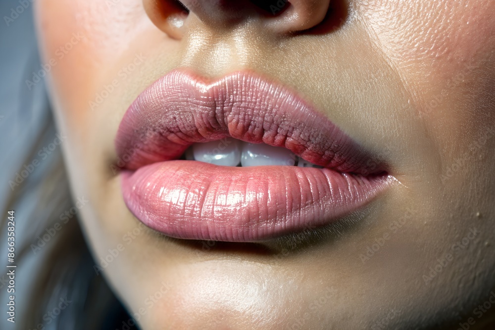 A woman with a pink lip is shown in a close up. The lips are full and plump, giving the impression of a confident and attractive woman. Concept of beauty and self-assurance A woman with a pink lip is shown in a close up. The lips are full and plump, giving the impression of a confident and attractive woman. Concept of beauty and self-assurance