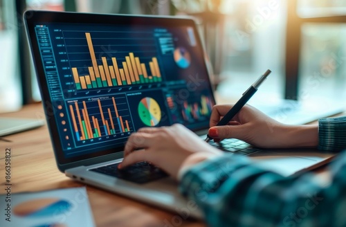 Woman Working on Laptop with Data Analysis Charts