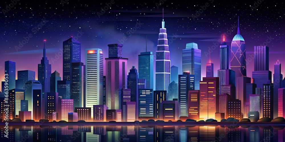 Obraz premium Vibrant Cityscape at Night, Neon Lights and Reflections