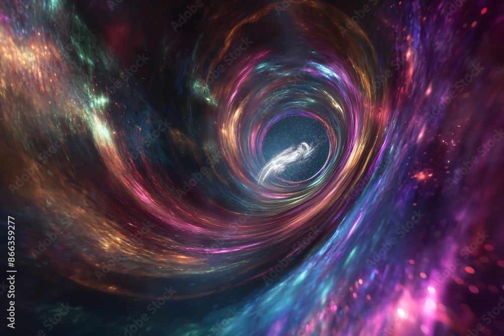 Futuristic spaceship is entering a wormhole surrounded by colorful nebula clouds, in the deep space Futuristic spaceship is entering a wormhole surrounded by colorful nebula clouds, in the deep space