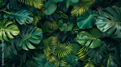 A vibrant and lush tropical background with various green leaves photo