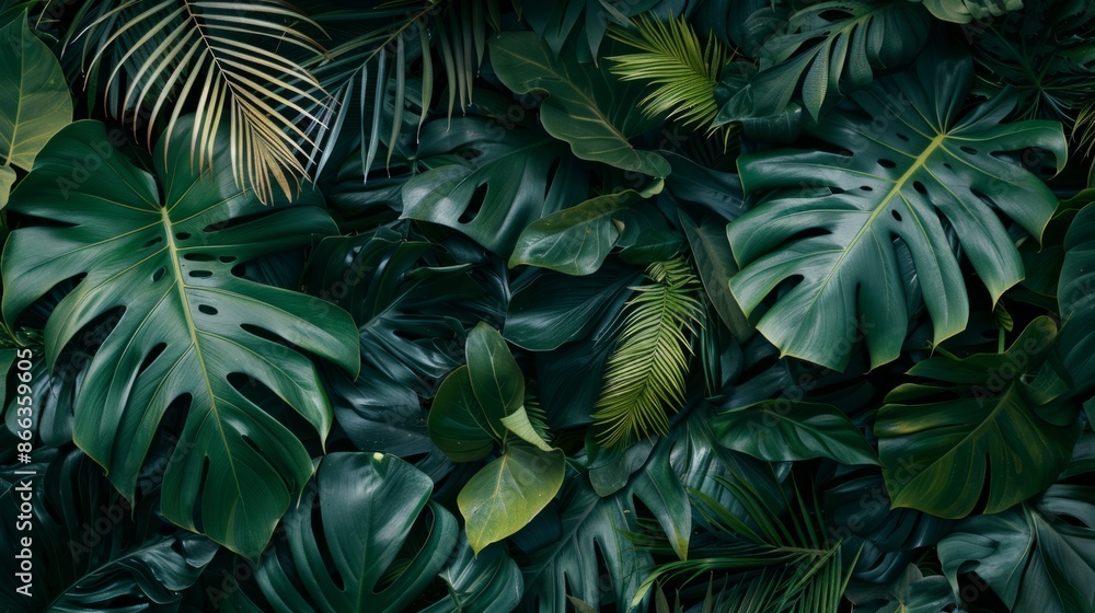 A vibrant and lush tropical background with various green leaves A vibrant and lush tropical background with various green leaves