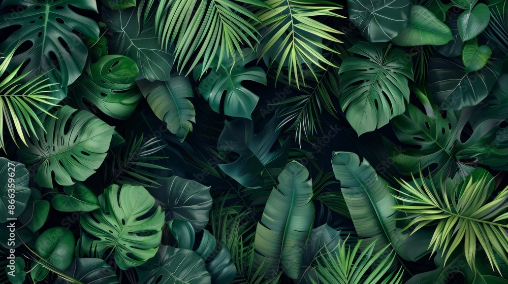 A vibrant and lush tropical background with various green leaves A vibrant and lush tropical background with various green leaves
