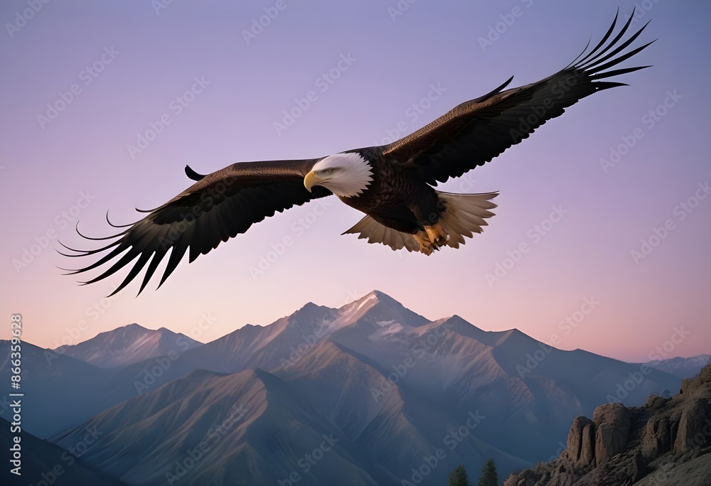 Fototapeta premium Majestic white head american eagle flying over mountains, clear blue sky with clouds, noon, 