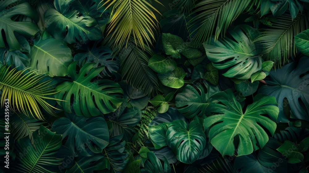 A vibrant and lush tropical background with various green leaves A vibrant and lush tropical background with various green leaves