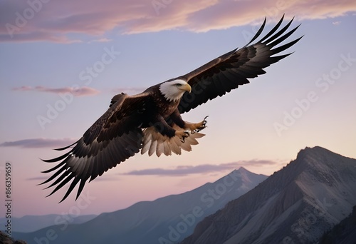 Majestic white head american eagle flying over mountains, clear blue sky with clouds, noon, 
