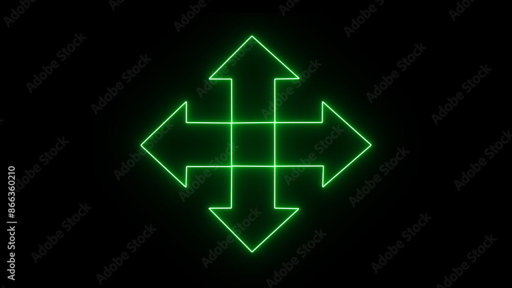 Green neon arrows or direction icons. Illustration: a neon-glowing directional sign. An attention label glows on the brick wall's background. Right, Left, Up and down neon arrows Green neon arrows or direction icons. Illustration: a neon-glowing directional sign. An attention label glows on the brick wall's background. Right, Left, Up and down neon arrows