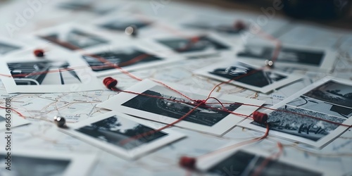 Detective board with photos map clues red thread solving mystery visually. Concept Mystery Board, Detective Clues, Visual Investigation, Red Thread Conspiracy, Solving The Case