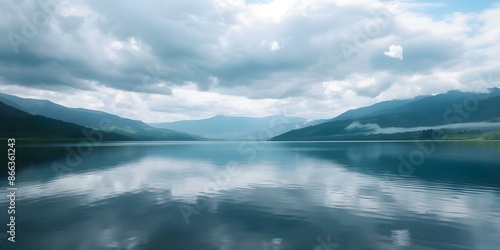 Lake in mountainous landscape under beautiful cloudy sky. Concept Nature, Mountains, Sky, Lake, Clouds