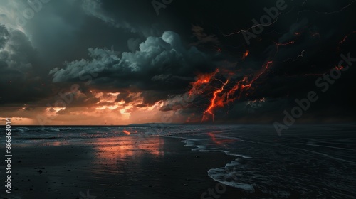 Stormy beach scene with dark clouds and fiery lightning, realistic high quality image © decorator