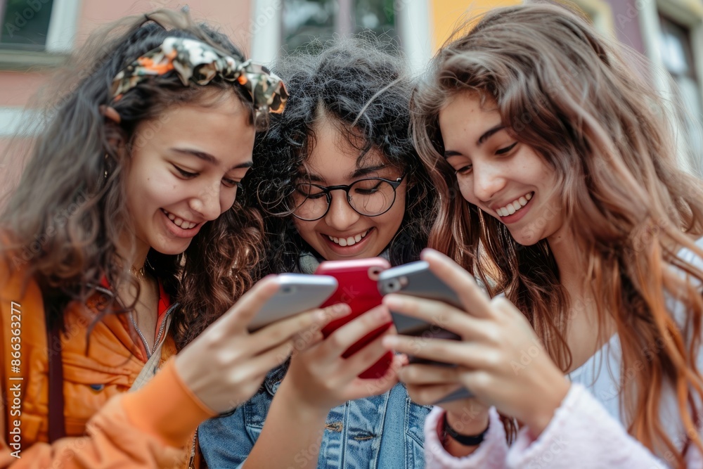 Smiling friends using phones social media sharing and connection, friendship concept Smiling friends using phones social media sharing and connection, friendship concept