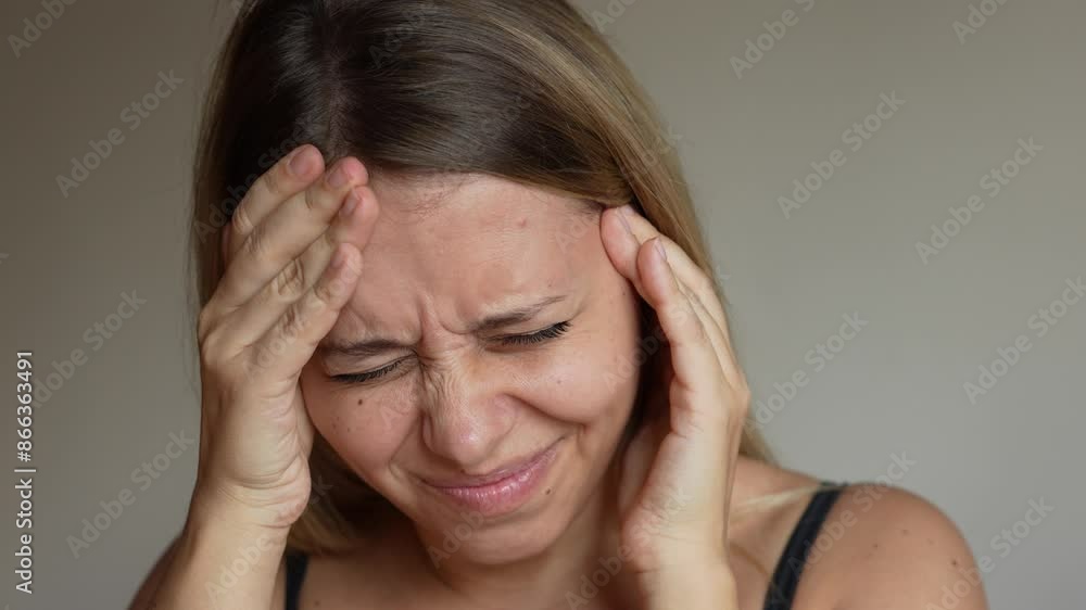 A young caucasian blonde woman with a head ache holding her temples on a grey background. Headache pain A young caucasian blonde woman with a head ache holding her temples on a grey background. Headache pain
