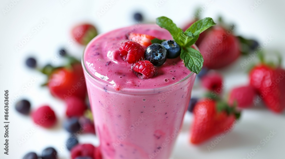 Berry Blast Smoothie: A close-up shot of a fresh mixed berry smoothie in a clear glass, topped with fresh strawberries, blueberries, and a sprig of mint. Berry Blast Smoothie: A close-up shot of a fresh mixed berry smoothie in a clear glass, topped with fresh strawberries, blueberries, and a sprig of mint.