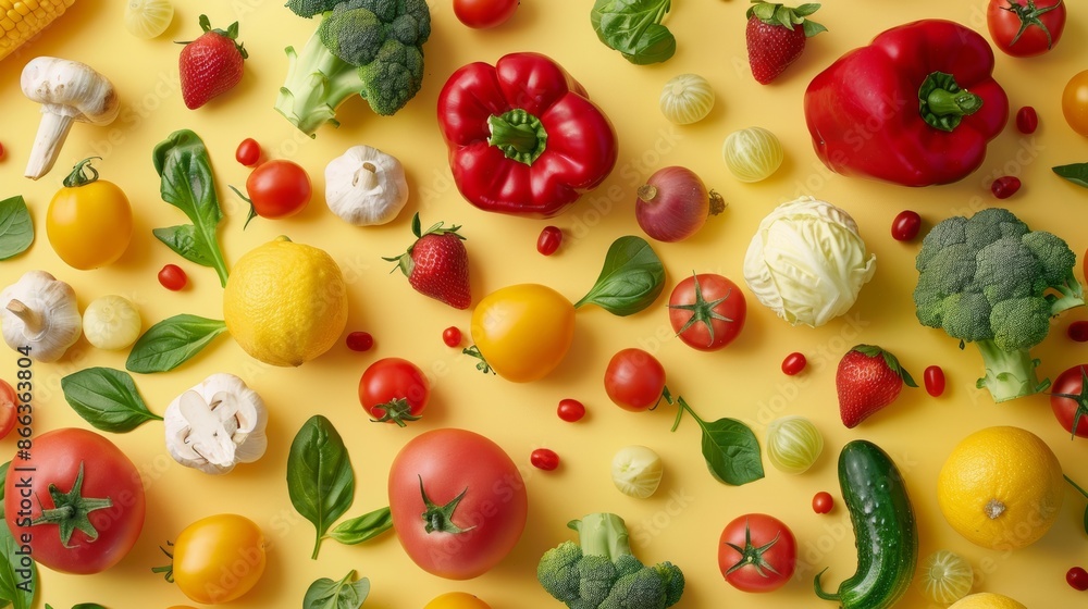 Assorted vegetables and fruits on yellow background Assorted vegetables and fruits on yellow background