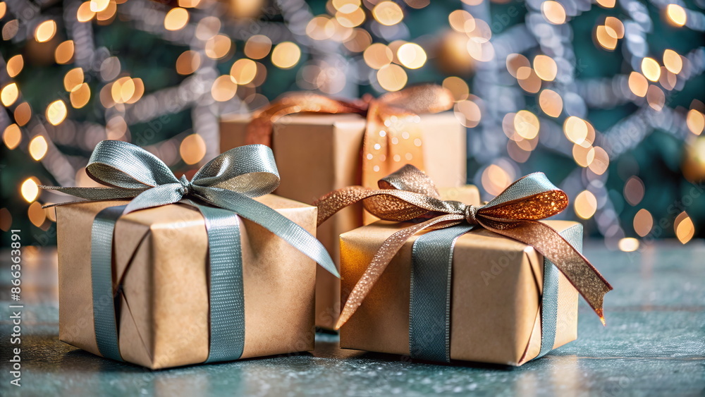 Christmas background with gift boxes against grey gold bokeh background with copy space.Banner. Holiday greeting card. Christmas background with gift boxes against grey gold bokeh background with copy space.Banner. Holiday greeting card.