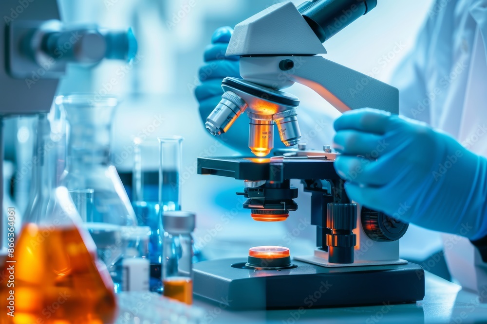 Scientist using microscope in medical lab, healthcare research banner background Scientist using microscope in medical lab, healthcare research banner background