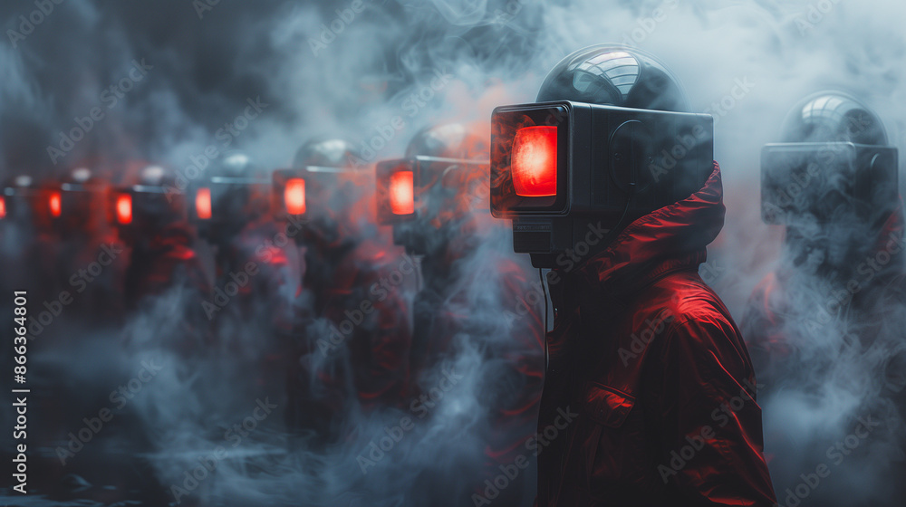 Obraz premium A group of people with TV heads on their shoulders. wearing red and black and black costumes with a red light on their heads. The scene is set in a foggy, mysterious atmosphere