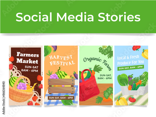 Organic farmer market harvest festival social media stories design template set isometric vector