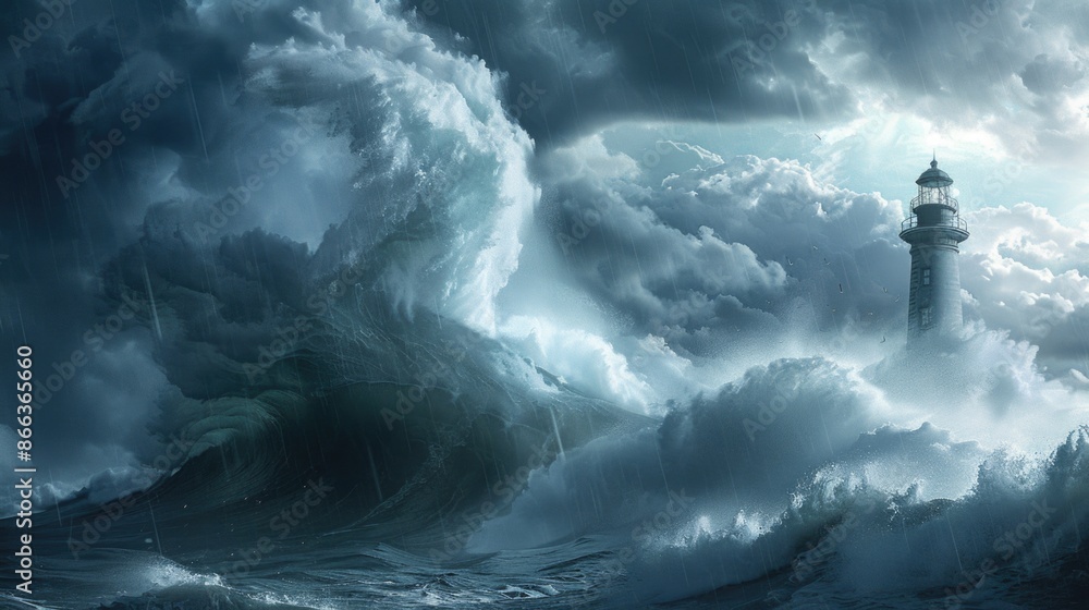 Large lighthouse and storm-filled, large waves hitting the lighthouse ...