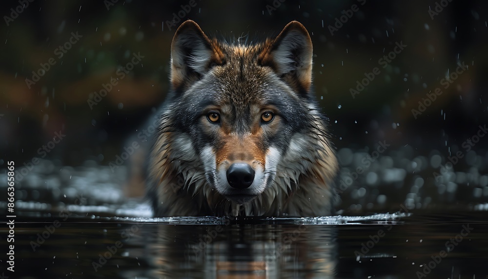A fierce and majestic wolf stands in the river. wolf looking at the camera A fierce and majestic wolf stands in the river. wolf looking at the camera