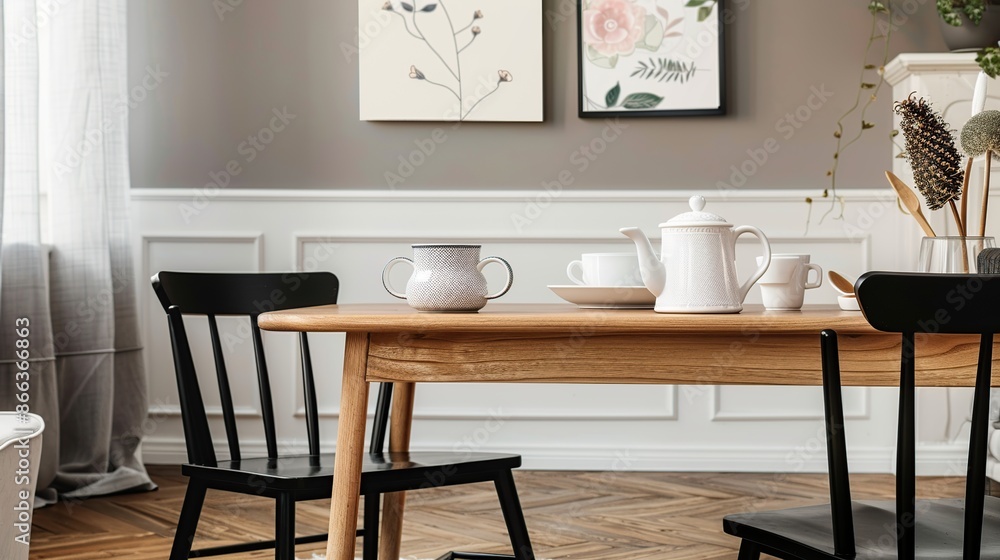 Modern Dining Room with Wooden Table and Black Chairs Modern Dining Room with Wooden Table and Black Chairs