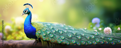 Peacock Perched on Branch in Lush Garden photo