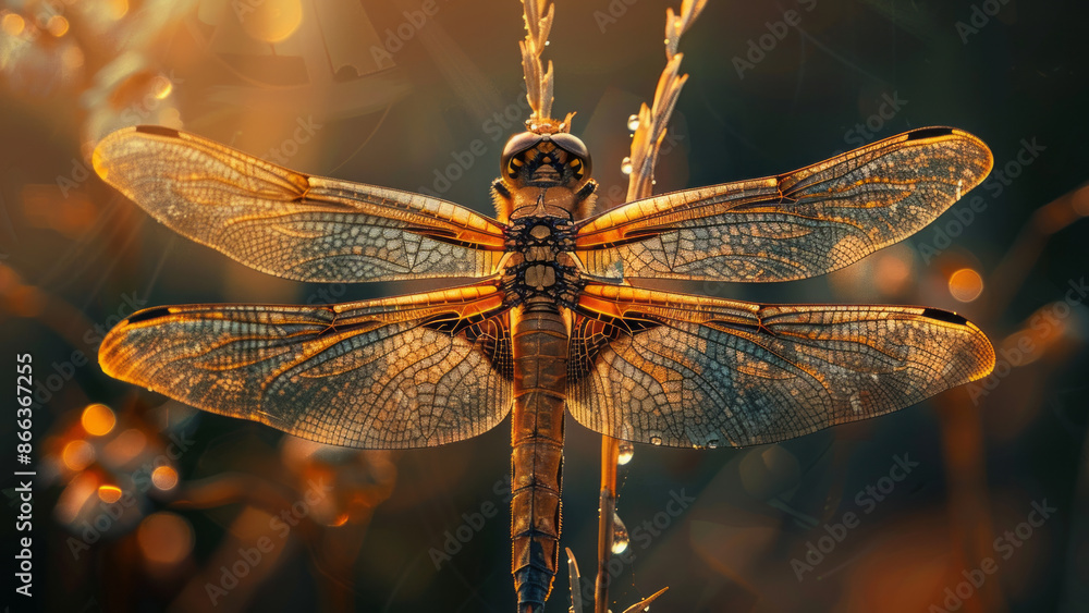 Dragonfly in Sunlit Meadow with Dewy Wings Dragonfly in Sunlit Meadow with Dewy Wings