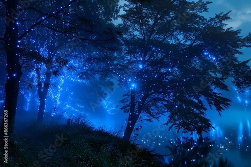 Bioluminescent trees in a mystical forest of luminescence