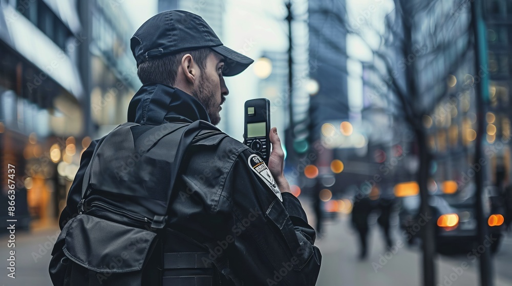 Urban security officer on duty in a busy city street. The cap and backpack suggest readiness and mobility. Urban security professional maintaining safety. High-resolution photo for editorial use. AI Urban security officer on duty in a busy city street. The cap and backpack suggest readiness and mobility. Urban security professional maintaining safety. High-resolution photo for editorial use. AI