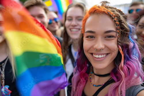 A group of young people of different ethnicities celebrating Pride Day. Concept of Pride Day, gender freedom, free love, and LGBTQ rights. ©  J. GALIÑANES STOCK