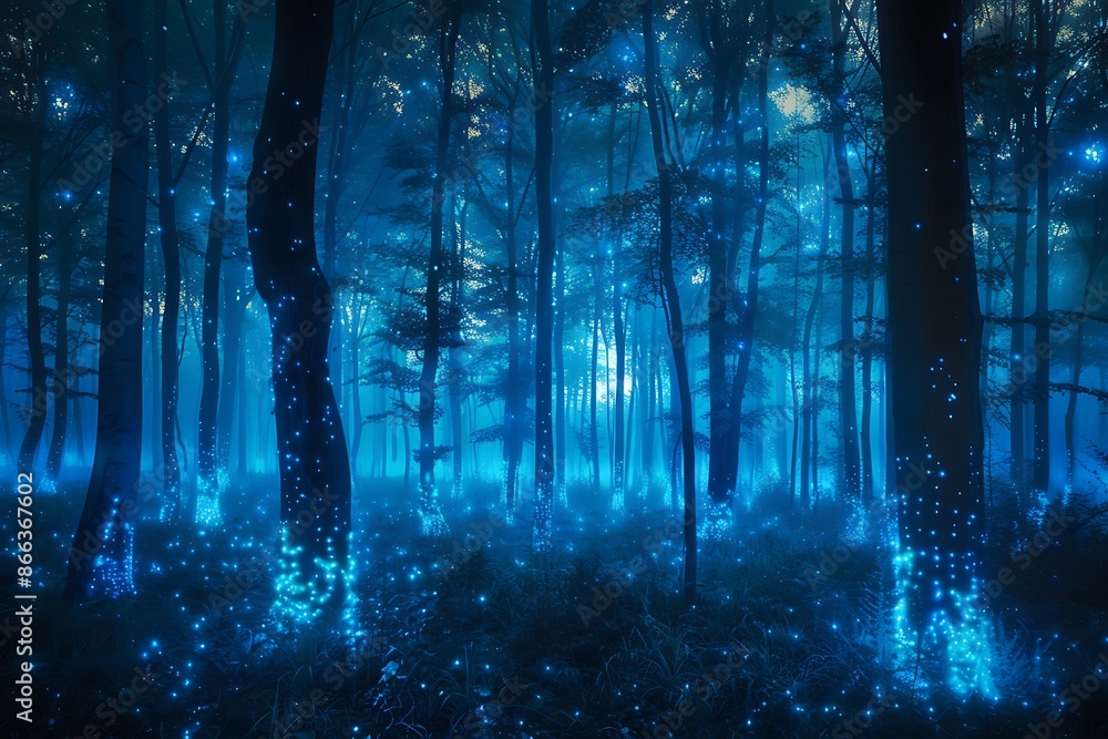 Bioluminescent trees in a mystical forest of luminescence Bioluminescent trees in a mystical forest of luminescence