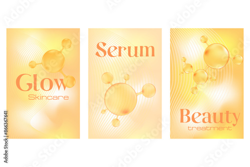 Gold collagen molecule peptide or hyaluronic acid poster set. Vitamin solution complex with Chemical formula from nature. Yellow watercolor gradient background for beauty treatment, nutrition skin car