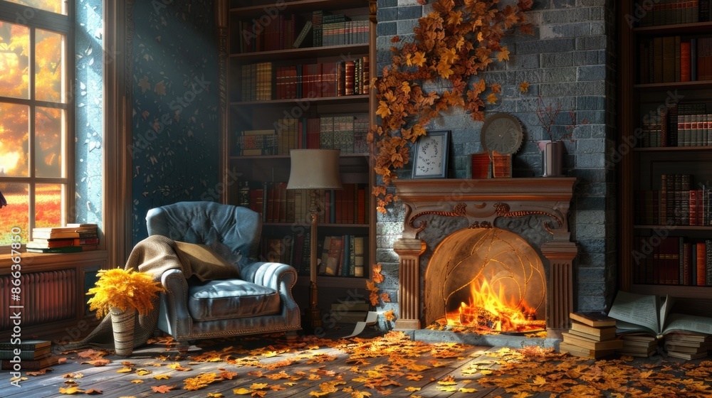 Living room with fireplace, armchair, books and autumn leaves Living room with fireplace, armchair, books and autumn leaves