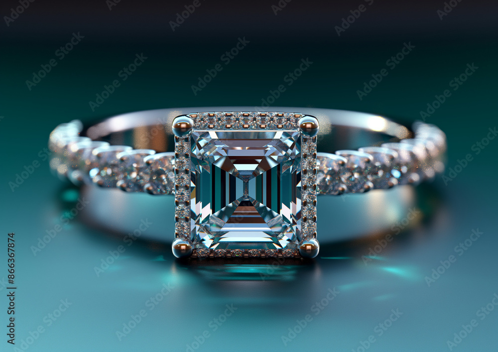 Simple Design of a Large Diamond Engagement Ring on Tiffany Blue Background Simple Design of a Large Diamond Engagement Ring on Tiffany Blue Background